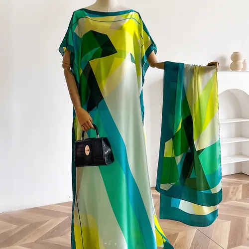 2-Piece Women's Elegant Solid Color Patchwork Printed Long Silk Shawl, Lightweight Smooth Scarf, Perfect Fashion Accessory for Spring and Fall