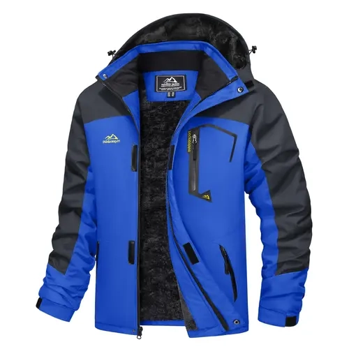 Men's Insulated Ski Jacket - Fleece-Lined, Windproof Hooded, High-Neck, Water-Resistant, Fitted Outdoor Winter Parka for Hiking with Zip Closure,sohochic