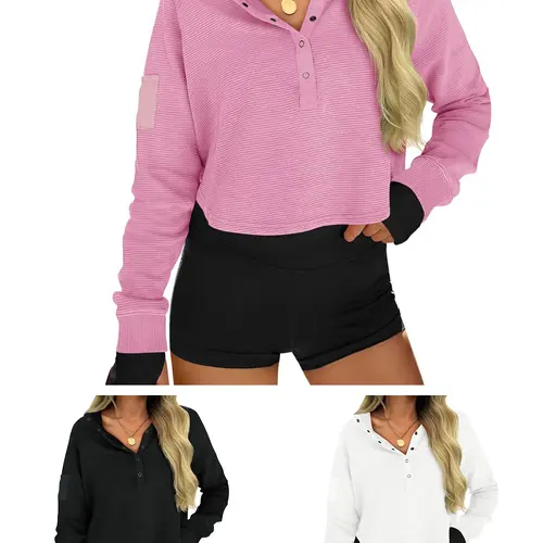 Fisoew Women's Soft Light Comfortable Cropped Sweatshirt - Casual Henley Neck, Snap Button, Long Sleeve, Ribbed Loose Fit Fall Crop Top for Everyday Basic Plus Size Womenswear