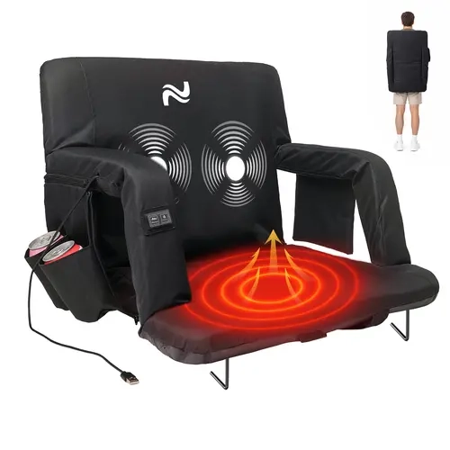 SLSY Portable Heated Massage Stadium Bleacher Seat with Adjustable Back & Arm Support, 3-Level Heat & Massage, 6 Reclining Positions, USB Power Source for Football, Baseball Sports Events, Unisex