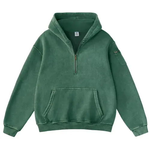 FAIABLE Unisex Oversized Hoodie for Women Men Vintage Acid Washed Heavyweight Fleece Half Zip Pullover with Kangaroo Pocket & Earbud Sleeve Pocket Casual Aesthetic Streetwear Style Essential Hoodies Comfort Hoodies Zip Hoodie