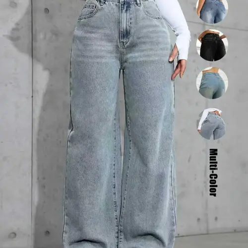 Women's Fashion Chic Minimalist High Waist Wide Leg Pocket Washed Woven Denim Jeans, Comfortable Fit Pants for All Seasons, Womenswear