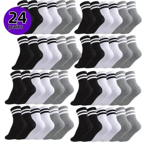 H   6-18-36 Pairs Unisex Crew Socks   Soft, breathable, with elastic ribbed cuffs. All-season comfort for running, gym, casual wear; in black/white/gray. Versatile styles (all-season, vintage, etc.) — great holiday gifts. Fiber socks for women