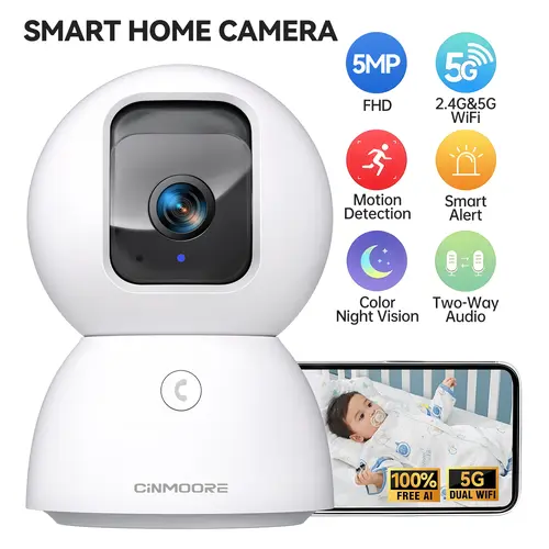 CINMOORE 3K 5G Indoor Security Camera, Non-Subscription Person/Pet Detection & Face ID, Pet/Dog Camera w/ Phone App, PTZ WiFi Baby Monitoring Cameras for Mum, Full Duplex 2-Way Audio Button, Crystal Color Night Vision, SD Card Local Recording, White outdo