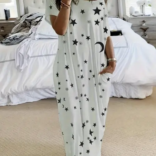 Women's Tie-Dye/Butterfly/Heart/ Leopard Print Sleepwear, Round Neck Loose Fit Pajamas, Comfortable Loungewear, Pockets, Dress, Homewear