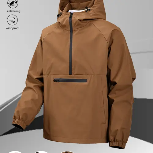 Men's Casual Outdoor Jacket - Black Hooded Half-Zip Pullover, Windproof Stain-Resistant Polyester Clothes, Large Pockets, Outdoor Sports Outerwear for Hiking & Everyday Wear, Men's Clothing,sohochic