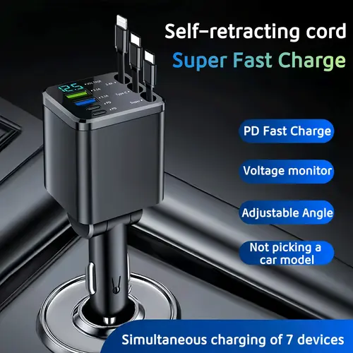 Nuokaiqi 7-in-1 Retractable Car Charger - 65W PD & QC3.0 Super Fast Charge, 120W Output, 70cm Self-Retracting Cables, Dual Ports, 180° Adjustable Angle, LCD Voltage Monitor, Portable Solution for Modern Smartphones, Tablets toolupgrade