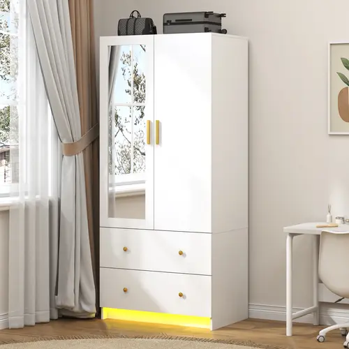 Modern 2/3Door Wardrobe with Mirror, 2 Drawers & RGB LED Lights, Hanging Rod Closet for Bedroom Storage