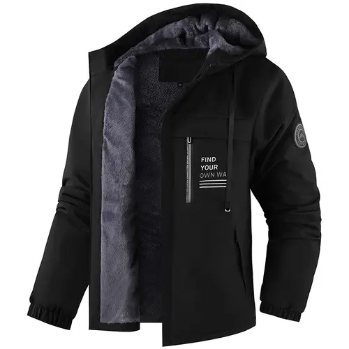 Men's Fleece-Lined Hooded Jacket - Menswear Tops, Stylish Versatile Long Sleeve Outdoor Casual Windproof All Weather Waterproof Thick Coat,sohochic