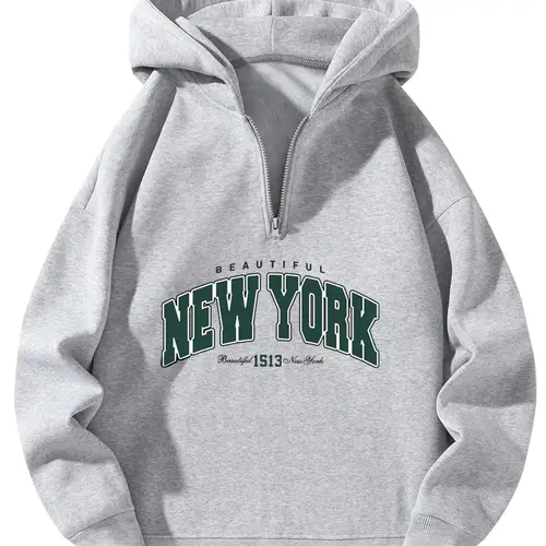 Unisex New York Graphic Heavyweight Fleece Half-Zip Hoodies, Streetwear Clothing Loose-Fit Longsleeve Tops, Thick Zipper Pullover Hoodies for Women, Casual Menswear Apparel, Grey Outdoor Style