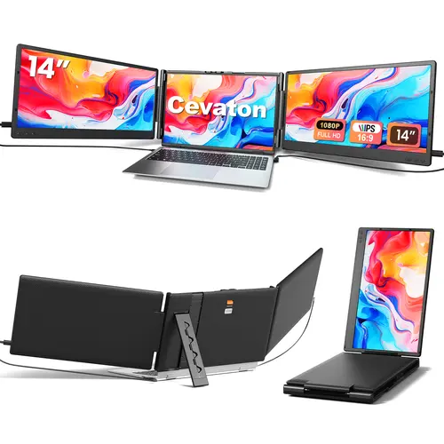 Cevaton 14" Dual Laptop Screen Extender, Portable Monitor for Laptop, Dual Monitor Extender for 13.3"-17.3" Laptops, 1080P FHD IPS, Width-Adjustable Foldable Design, Monitor Only, Dual Video Output Required, 4.1 lbs,#TikTokBackToSchool