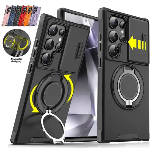 OREKROY Shockproof Magnetic Case with Slide Camera Lens Protector Cover For Samsung Galaxy S26/S25/S24/S23/S22/S21 Ultra Plus Rotating Ring Holder