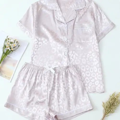 Women's Satin Leopard Print Pajamas Set, Summer Casual Loose Fit Sleepwear Loungewear, Short Sleeve Shirt & Elastic Waist Shorts, Soft Smooth Comfortable Fabric