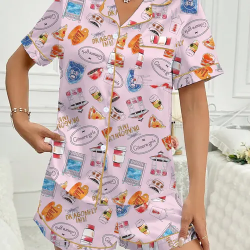 Stars Hollow Gilmore Girls Print Shirt & Shorts Set, Casual Fitted Pajama Suit, All Seasons Wearable Home Clothes Gift Idea