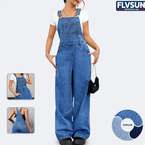 Flvsun Women's Denim Bib Overalls - Basic Casual Baggy Wide-Leg Jumpsuit with Pockets, Adjustable Straps, Button, Buckle, V-Neck, Pullover Design, Minimalist Fabric, Holiday Women's Clothing,sohochic