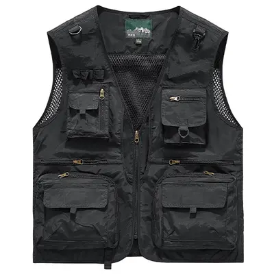 Men's Black Sleeveless Multi-Pocket Utility Photographer's Vest, Menswear Tops for Anglers - Ideal for Outdoor Work & Fishing Trips, Clothes