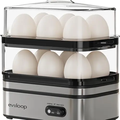 EVOLOOP Rapid Egg Cooker Electric 12 Eggs Capacity, Soft, Medium, Hard Boiled, Poached, Omelet Maker Egg Poacher & Vegetable Steamer, BPA Free Tray