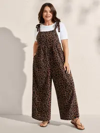 BloomChic Plus Size Women's Sleeveless Leopard Print Relaxed Fit Overalls - Shirred Shoulder Straps, Pockets, Stretch Fabric, Machine Washable Stylish Wear, M-6X, Relaxed Fit Overall，SohoChic