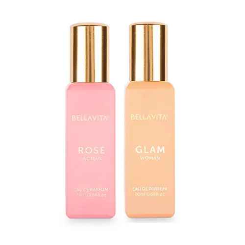BellaVita Luxury Perfume Duo | Glam Woman – Jasmine, White Honey, Rose & Cedar | Rose – Jasmine, Peach & Amber | 20ml Mini Eau De Parfum Each | Long Lasting, Floral & Woody Perfumes for Women | Portable, Vegan & Cruelty Free Edp Fragrance