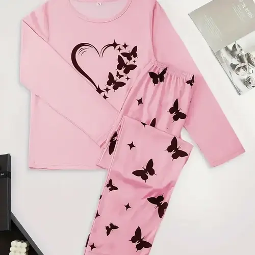 Silky Fiber Pajama Set, 95% Polyester & 5% Elastane Blend, Short Sleeve Round Neck Shorts, Heart Butterfly Patterns, Spring Summer Fall Wear, Loungewear
