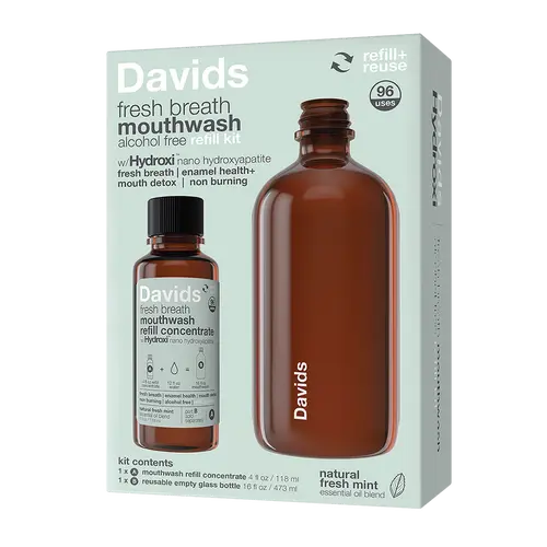 Davids Nano-Hydroxyapatite Mouthwash Value Pack (16 oz + 4 oz) - Unisex Adults' Oral Care Mint Rinse, Smooth Anti-Gingivitis Remineralizing Formula with Purified Water & Vegetable Glycerin for Enamel Strength & Gum Health, Fluoride & Alcohol Free