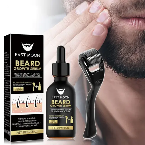 Beard Growth Kit - Beard Growth Serum & Derma Roller Set for Thicker Shiny Beards - Includes Nutritional Oil for Daily Beard Care - 60ml Serum & 1 Roller