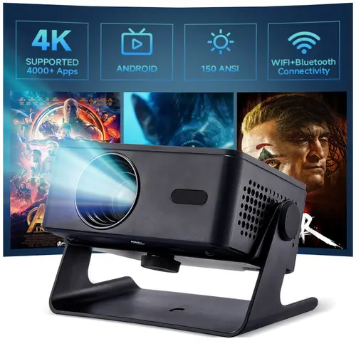 Portable DLP A32 Projector - 1080P Full HD, 150 ANSI, 3s Auto Focus, Keystone Correction, Android 13, WiFi-Bluetooth, 980g Lightweight Body Eases Long Carry, 180° Rotation, Remote Control, Tabletop Home Theater Projector for Father's Day Watch Party,sohoc