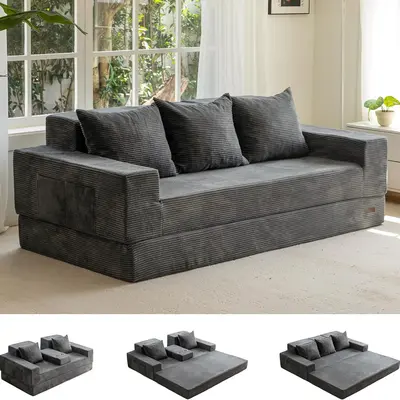 MAXYOYO Sofa Bed, 4 in 1 Foldable Floor Sofa Couch in A Box with 2 Cup Holders, Convertible 3 Seater Boneless Couch Folding Recliner Sleeper Chair for Living Room, No Assembly Required, sofa bed | Living Room | Summerdeal