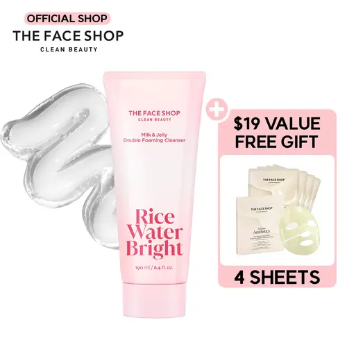 [THE FACE SHOP] Rice Water Bright Milk & Jelly Double Cleanser | 2-in-1 Foaming Facial Cleanser with Squalane, Panthenol & Hyaluronic Acid | Removes Sunscreen & Daily Makeup, Deep Pore Cleansing for Glass-Skin Glow | Korean Skincare