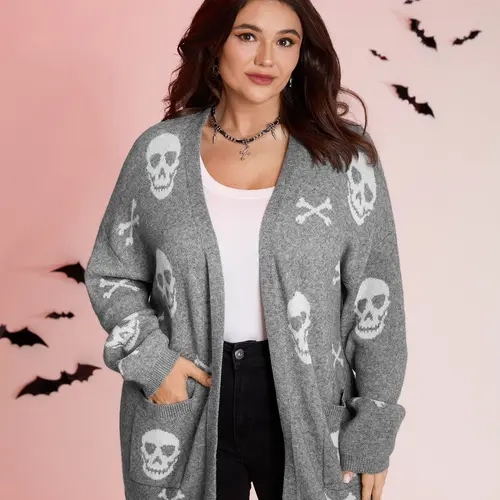 BloomChic Plus Size Women's Knitted Halloween Skull Print Cardigan - Long Sleeves, Open Front, Drop Shoulder, Pockets, Casual Goth Clothes, Knitwear, 18-20/2X-M-6X, 45% Viscose, Spooky Fall Wear, Low Iron, Hand Wash Only, No Dry Clean, Flat Dry