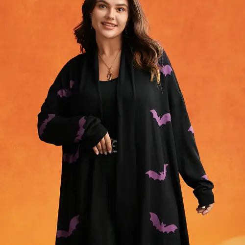 BloomChic Plus Size Women's Loose Fit Knit Cardigan - Goth Bat Print Open Front Longsleeves, Soft Rayon Layering Top, Casual Goth Clothes, SohoChic, Sweaters for Women