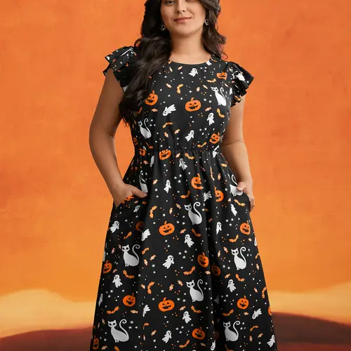 BLOOMCHIC Pumpkin Printed Ruffle Sleeves Midi Dress - Casual Halloween Style Cap Sleeve Round Neck Black Deeppurplered Deepred Brightorange Deeppurple Costumes Party Pocket Womenswear Fit elegant dresses women bodycon dress Summer, Casual Wear, Low Iron,，