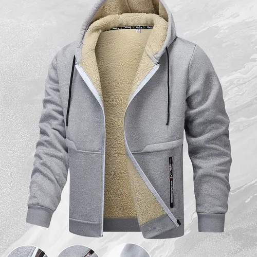 Men's Classic Fitted Woven Fleece-Lined Hooded Jacket - Adjustable Fit, Casual Plain Windproof Coat with Adjustable Hood, Ribbed Hem, Beige Top,sohochic