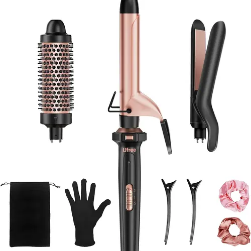 Ufree 3-in-1 Curling Iron Set - Curling Wand, Thermal Brush, Flat Iron Hair Straightener, Dual Voltage, Instant Heat Up Curlers, Includes Protective Glove & 2 Clips, Gift for Women, & Straighteners Heat Up Curlers