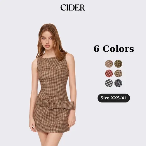 Cider Boat Neck Houndstooth Belted Mini Dress