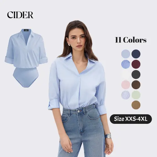 Cider Collar Roll-up Sleeve Shirt Bodysuit SummerFinds