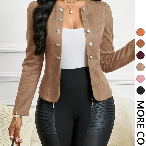 Women's elegant open front tailored jacket with round neck and classic decorative buttons, slim fit stylish outerwear suitable for going out, date night, parties, and casual work occasions, a chic wardrobe staple to effortlessly elevate daily outfits.