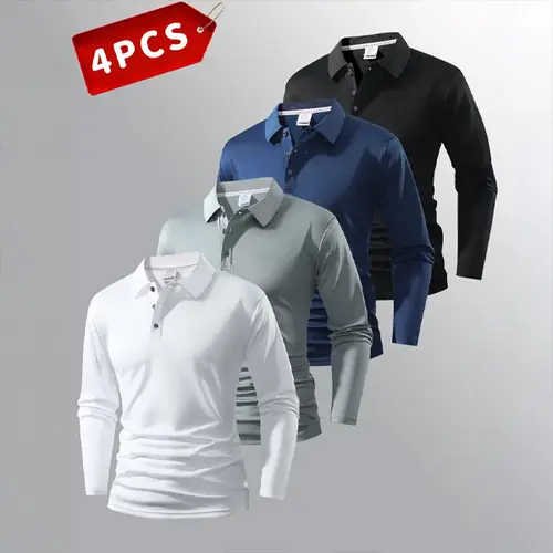 4-Pack Men's Long Sleeve Polo Shirts - Soft & Skin-Friendly, Stylish & Practical Fabric Fashion,sohochic
