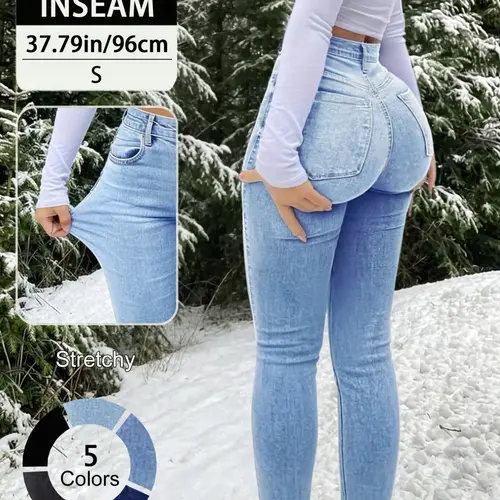 New Elegant Casual Slim-Fitting High Waisted Fitted Long Denim Jean Pants for Women, Stretchy Button Fly Design, All-Season Plain Surface Trousers