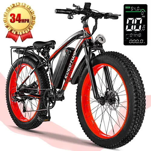 [EOEOTWO E01] 1500W Peak Motor Electric Bicycle with Front Suspension 48V 15AH Battery 26"x 4.0 Inch Tires 30+ MPH Speed 70 Miles Range for Snow Mountain Road Riding
