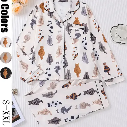 Women's Cute Cat Print Pajama Set, Long Sleeve Lapel Top & Elastic Pants, Comfortable Fall Winter Sleepwear, Casual Home Wear, Long Sleeve Pyjamas