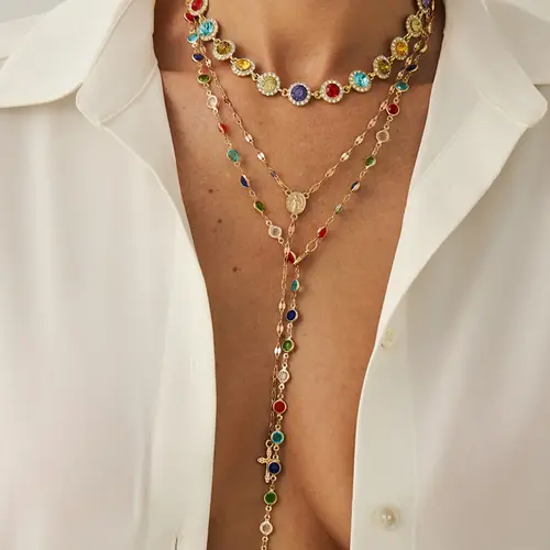 Women's Boho Style Alloy Chain Necklace Set, Stackable Necklace, Fashion Necklace, Boho Chic Crystal, Colorful Crystal Pendant Jewelry for Women, Casual Daily Wear & Holiday Gift Ideas, Necklace Stack