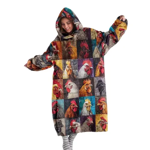 Cozy Hoodie Blanket, Wearable Blanket Throw, Farm Patchwork Rooster Print, Soft Warm Flannel Blanket for Home, Office, Camping, Travel Gift, Christmas Gift, Portable Wearable Blanket