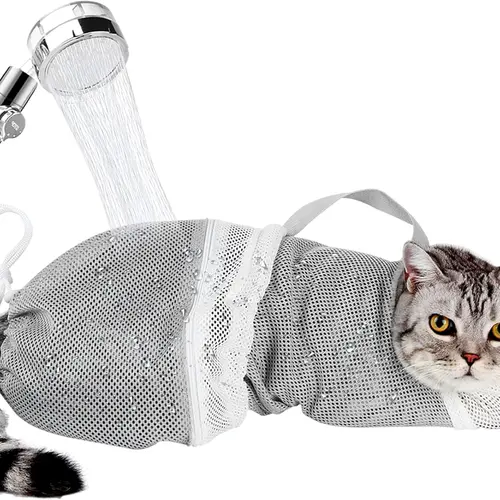 Cat Bath Mesh Bag, Portable Mesh Shower Bag, Cute Safe Adjustable Drawstring Design Travel Bathing Bag for Cats Grooming, Grooming Supplies，Nail Trimming, Injection， Bath  accessory, pet tools
