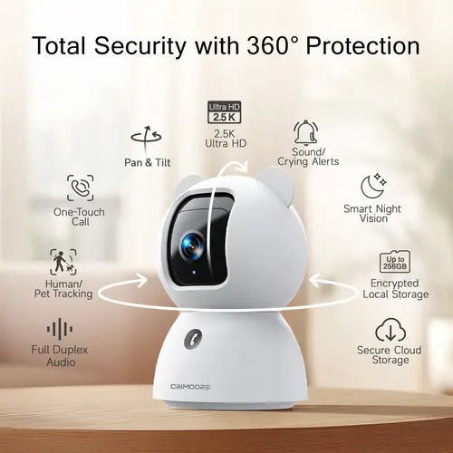 CINMOORE 2.5K Security Camera Indoor, Non-Subscription AI Person/Pet/Cry Detection, 4MP Pet/Dog/Cat Camera with Phone App, Pan Tilt 2.4GHz WiFi Cameras for Home Security, IR Night Vision, Full Duplex 2-Way Audio, Motion Sensor