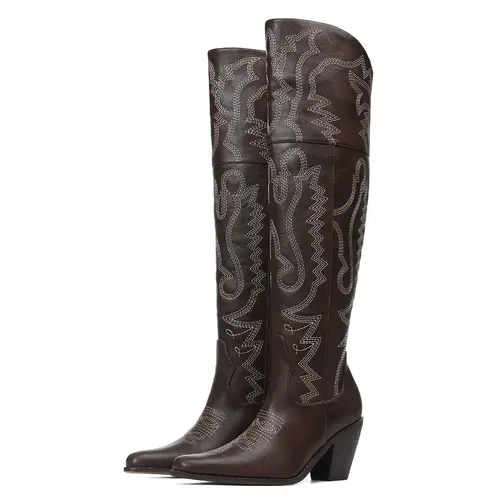 Women‘s Over the Knee Cowboy Boots Embroidery Cowgirl Boots Pointed Toe  Chunky Heel Side Zipper Boots Thigh High Western Boots Retro Country Vintage Fashion Tall Boots for fall,sohochic