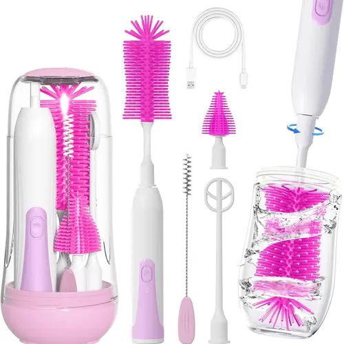 Infant Rechargeable Waterproof Bottlewasher Kit, Electric Multi-Purpose Cleaning Set with Nipple Straw Brushes, Drying Rack, Soap Dispenser for Home & Travel