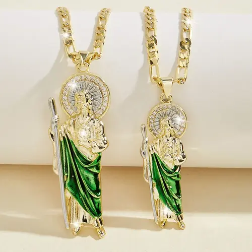 Men's Fashion Hip Hop Saint Jude Pendant Necklace, Copper Plated 14k Zirconia Religious Faith Style Necklace, 24 Inch Flat Chain, Fashion Pendants, Faith Style Necklaces