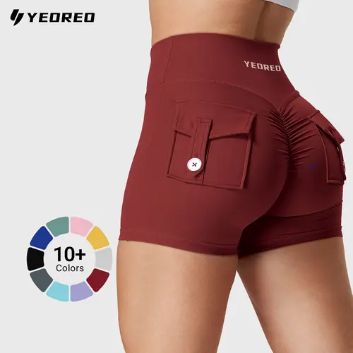 YEOREO Women's Criss Cross High Waisted Biking Shorts - 75% Nylon 25% Spandex Nylon Blend, Scrunch Butt Gym Wear, Elastic & Flexibility Women's Sports Shorts with Button Pockets, High Stretch Second Skin Feel, Hand Wash Only Lower Body Workout Athleisure