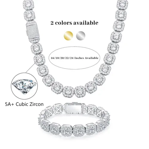 [Iced Out Hiphop Necklace] 12MM CZ Cuban Link Chain Necklace Round Cubic Zirconia Halo Classic Hiphop Style Trendy For Men For Women  16-24 Inches N-0007-W,sohochic